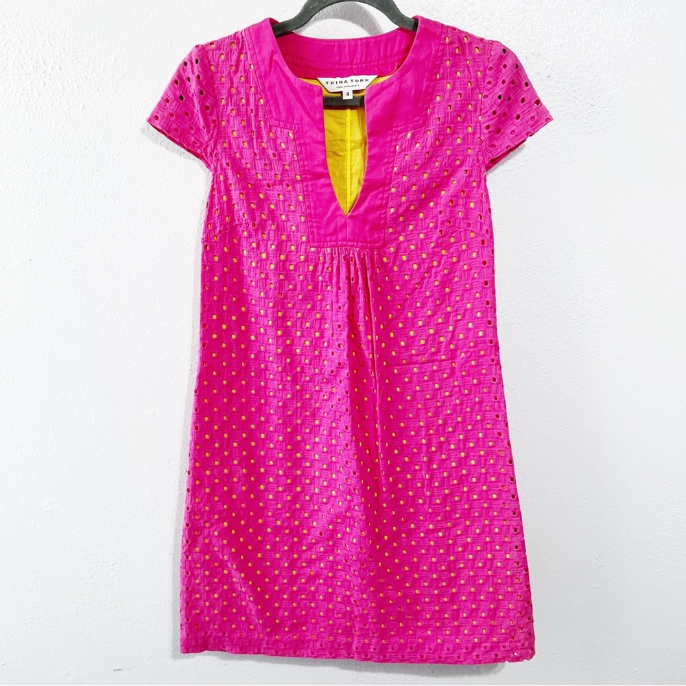 Trina Turk pink yellow eyelet dress size 4